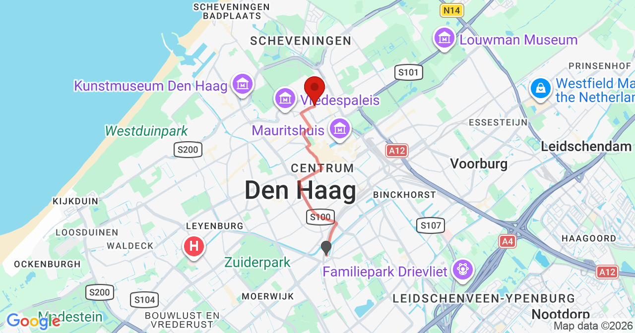 Kaart van het incident in 's-Gravenhage met de aanrijroutes van de gealarmeerde eenheden