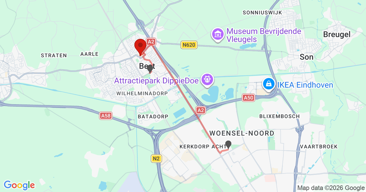 Kaart van het incident in Best met de aanrijroutes van de gealarmeerde eenheden
