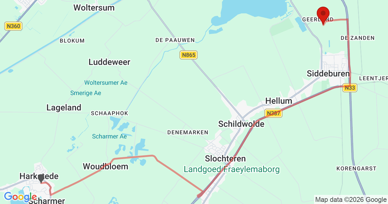 Kaart van het incident in Siddeburen met de aanrijroutes van de gealarmeerde eenheden
