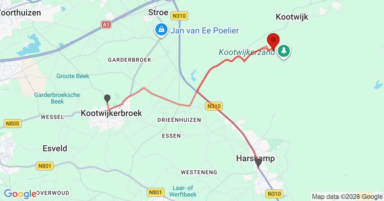Kaart van het incident in Kootwijk met de aanrijroutes van de gealarmeerde eenheden