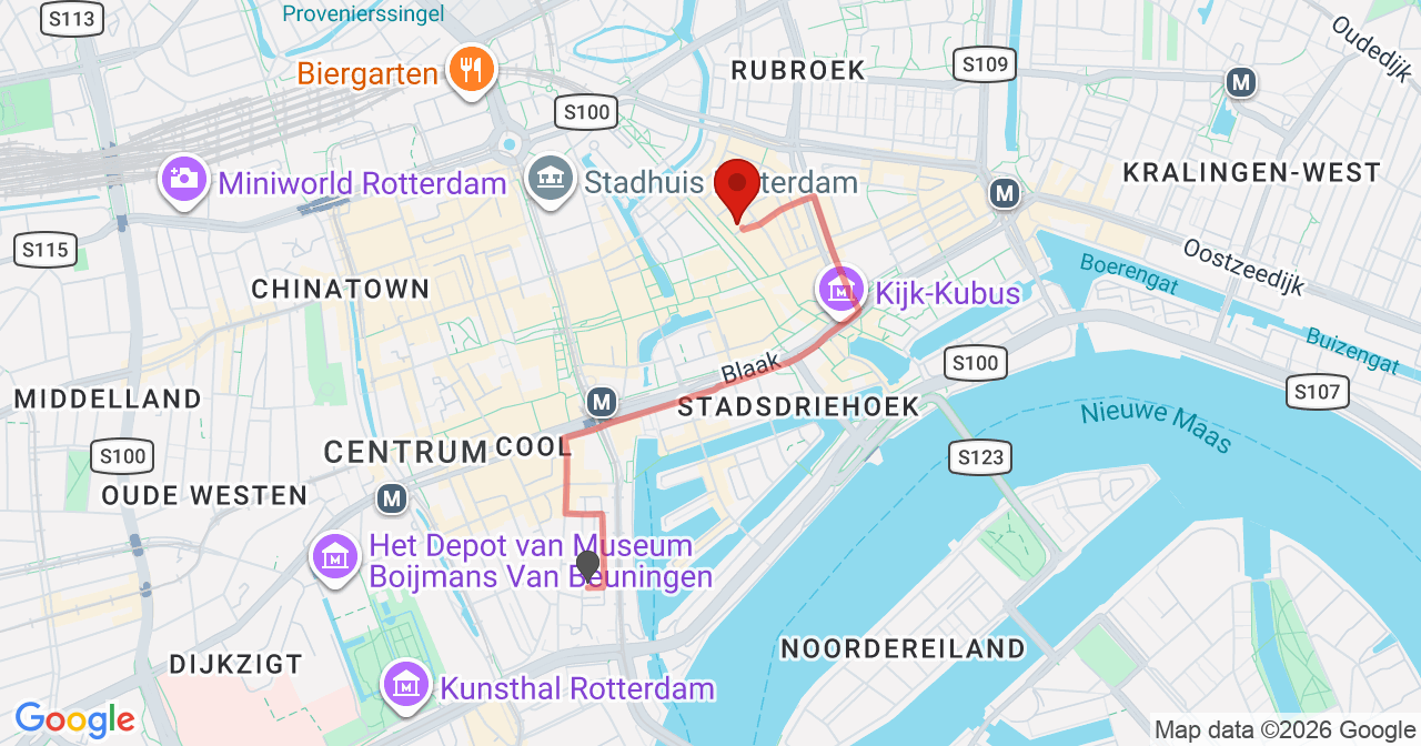 Kaart van het incident in Rotterdam met de aanrijroutes van de gealarmeerde eenheden