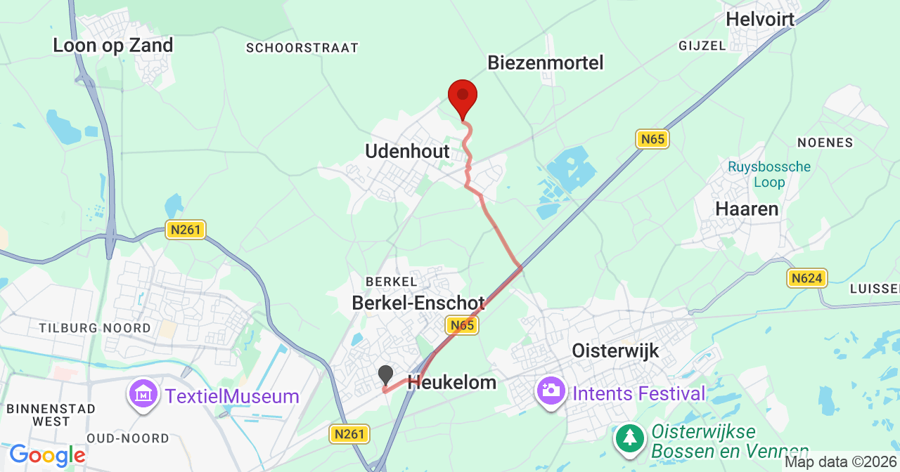 Kaart van het incident in Udenhout met de aanrijroutes van de gealarmeerde eenheden