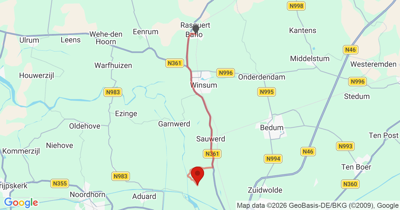Kaart van het incident in Adorp met de aanrijroutes van de gealarmeerde eenheden