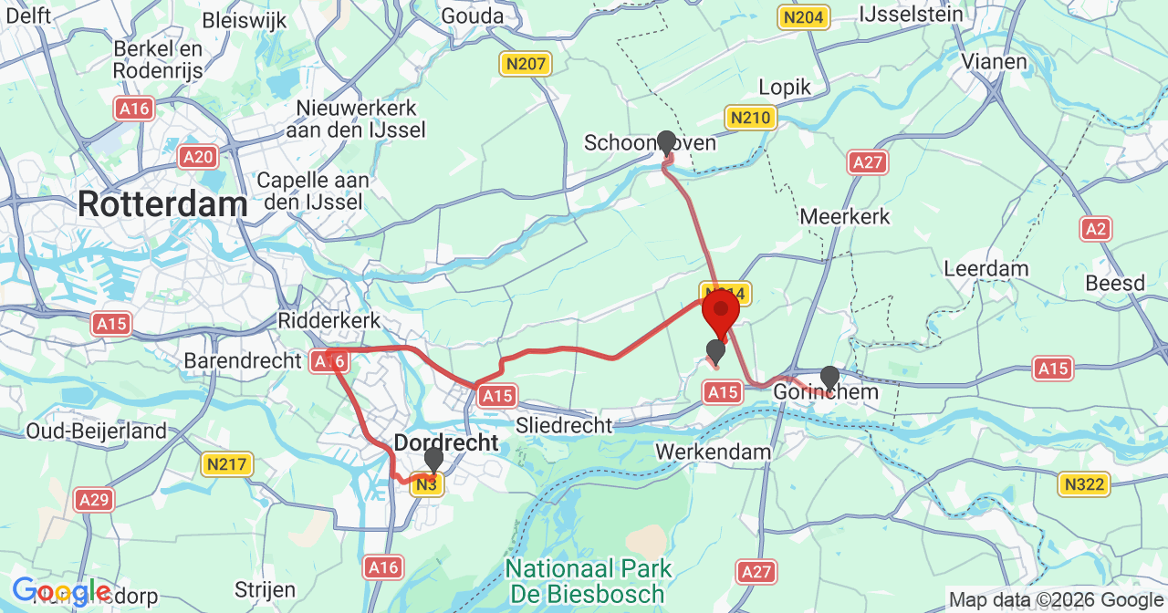 Kaart van het incident in Giessenburg met de aanrijroutes van de gealarmeerde eenheden