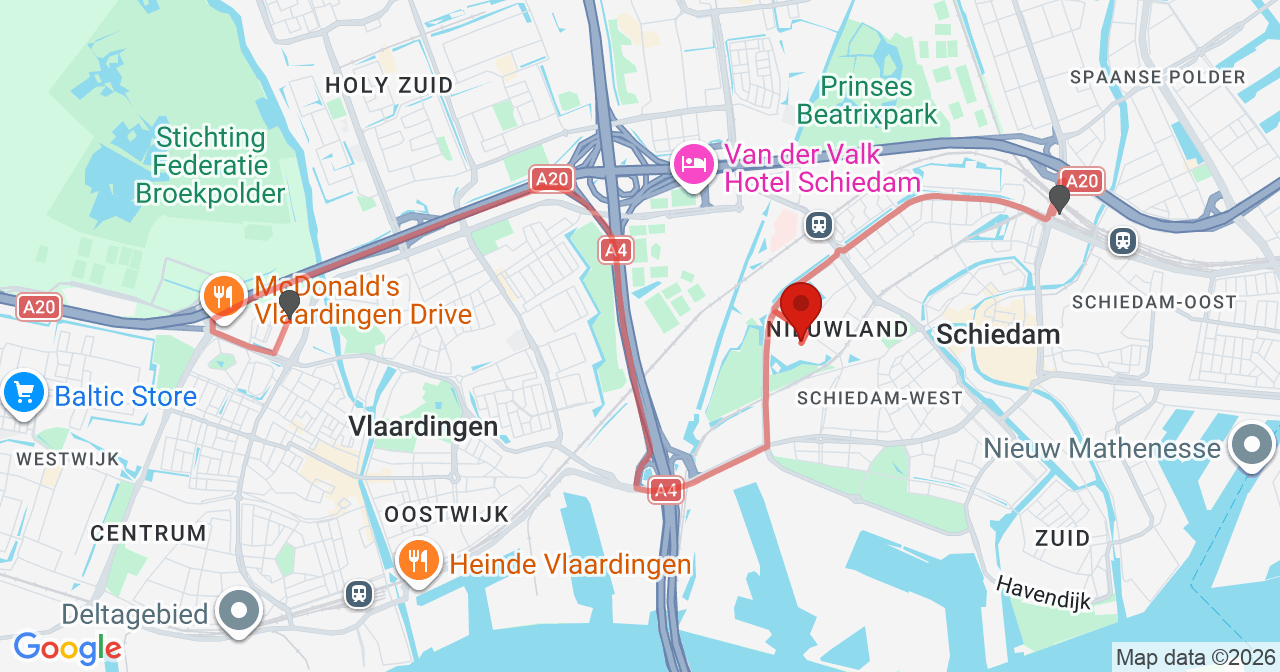 Kaart van het incident in Schiedam met de aanrijroutes van de gealarmeerde eenheden