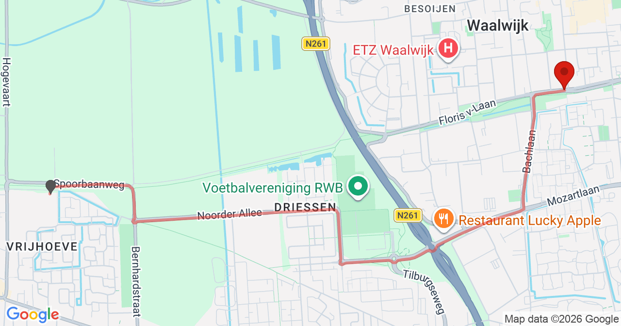 Kaart van het incident in Waalwijk met de aanrijroutes van de gealarmeerde eenheden