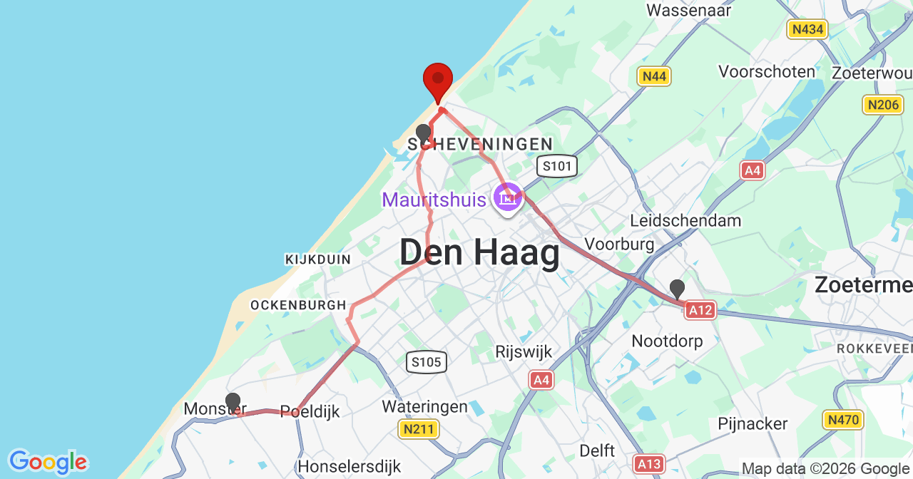 Kaart van het incident in 's-Gravenhage met de aanrijroutes van de gealarmeerde eenheden