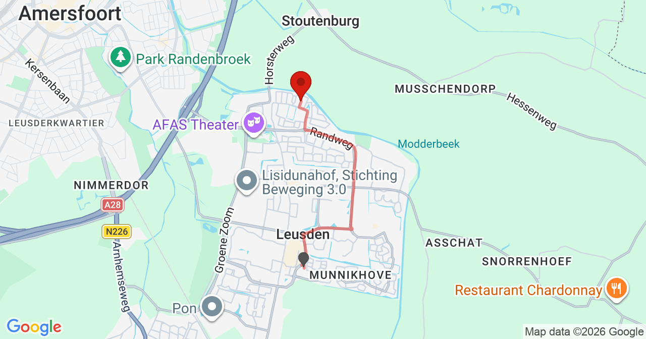 Kaart van het incident in Leusden met de aanrijroutes van de gealarmeerde eenheden