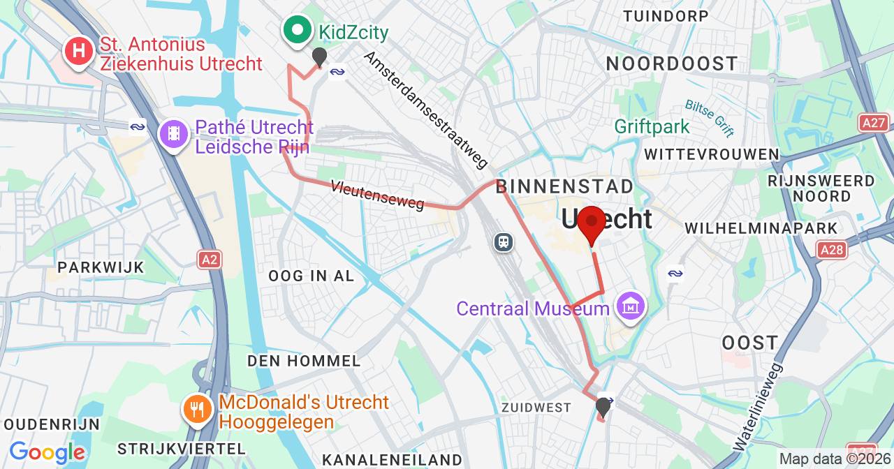 Kaart van het incident in Utrecht met de aanrijroutes van de gealarmeerde eenheden