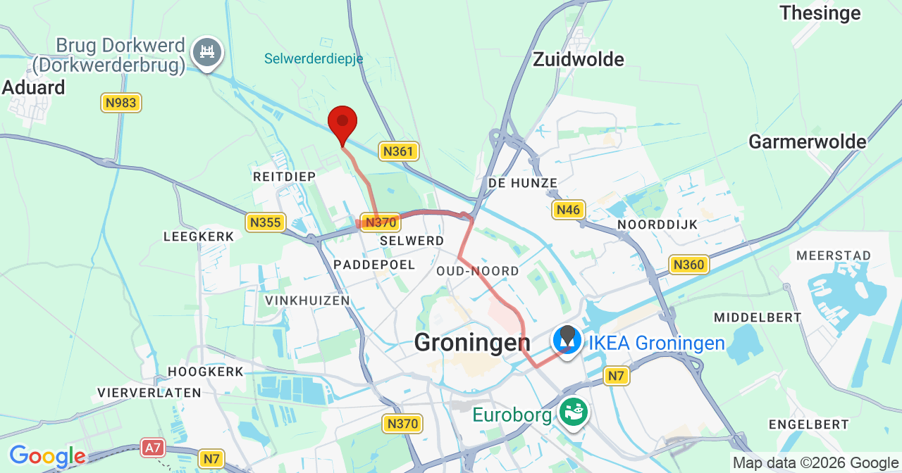 Kaart van het incident in Groningen met de aanrijroutes van de gealarmeerde eenheden