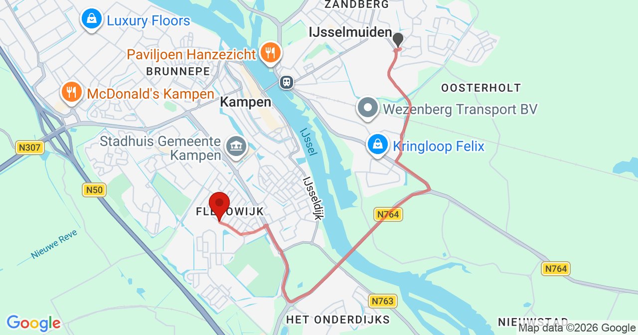 Kaart van het incident in Kampen met de aanrijroutes van de gealarmeerde eenheden