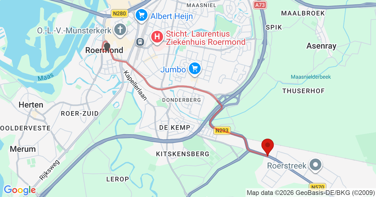Kaart van het incident in Roermond met de aanrijroutes van de gealarmeerde eenheden