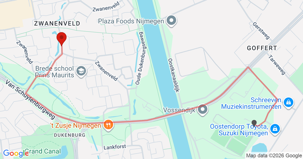 Kaart van het incident in Nijmegen met de aanrijroutes van de gealarmeerde eenheden