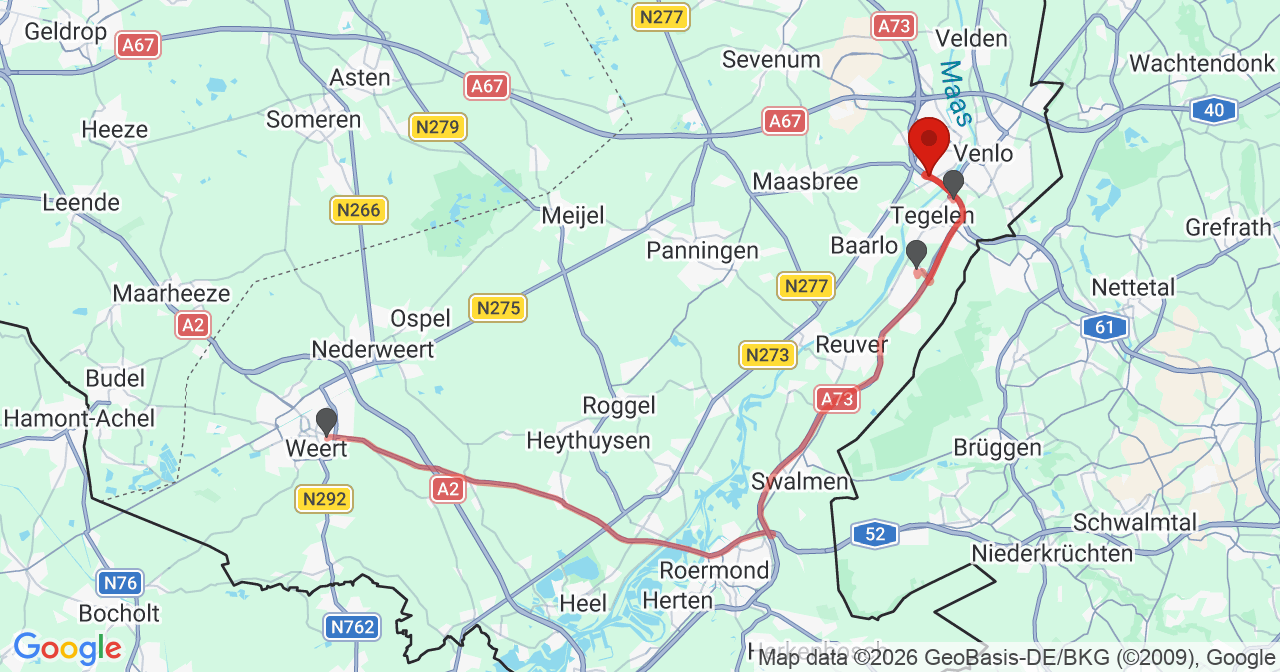 Kaart van het incident in Venlo met de aanrijroutes van de gealarmeerde eenheden
