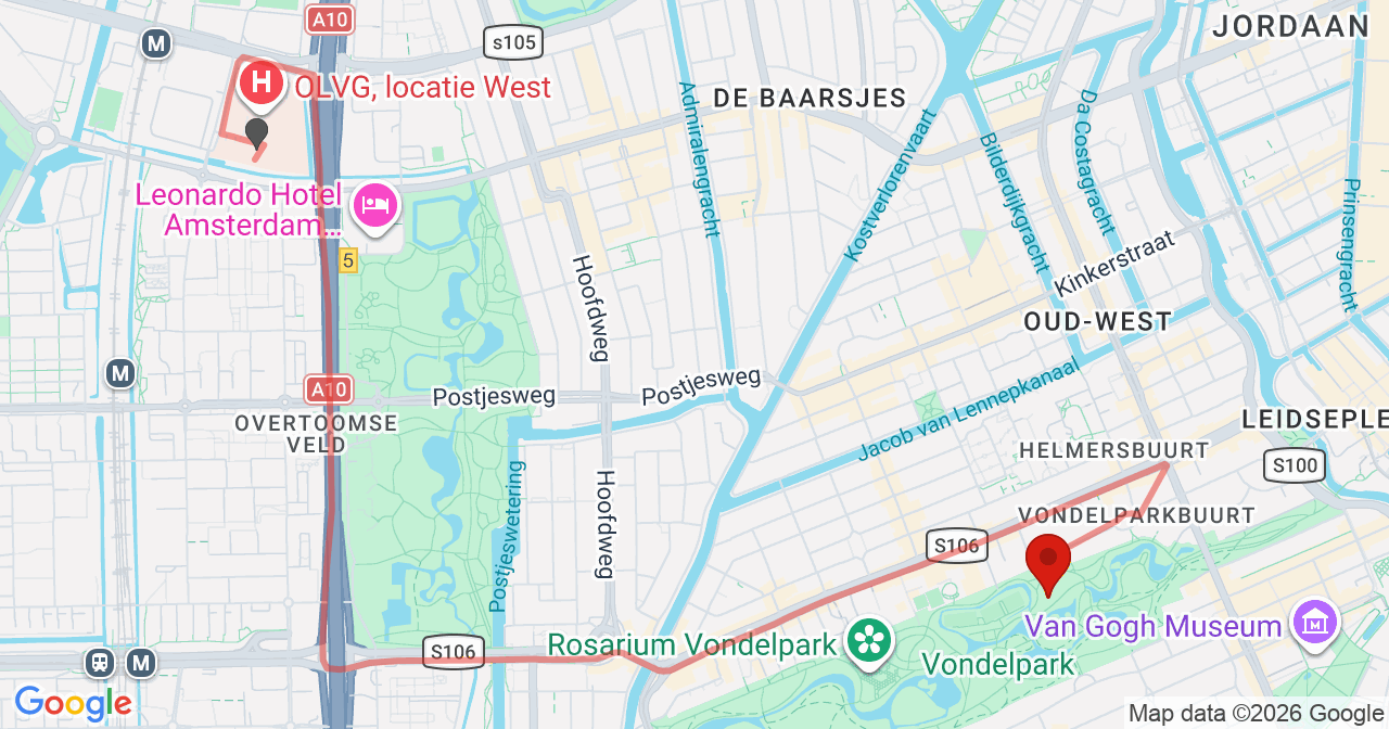 Kaart van het incident in Amsterdam met de aanrijroutes van de gealarmeerde eenheden