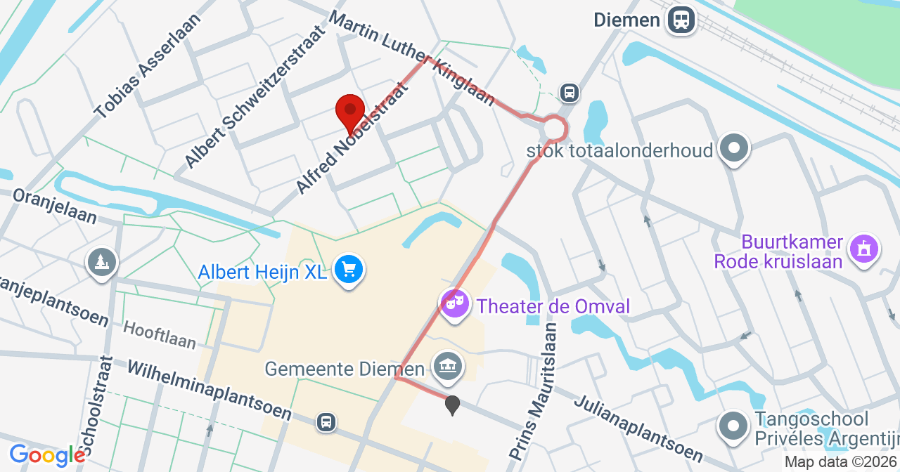 Kaart van het incident in Diemen met de aanrijroutes van de gealarmeerde eenheden