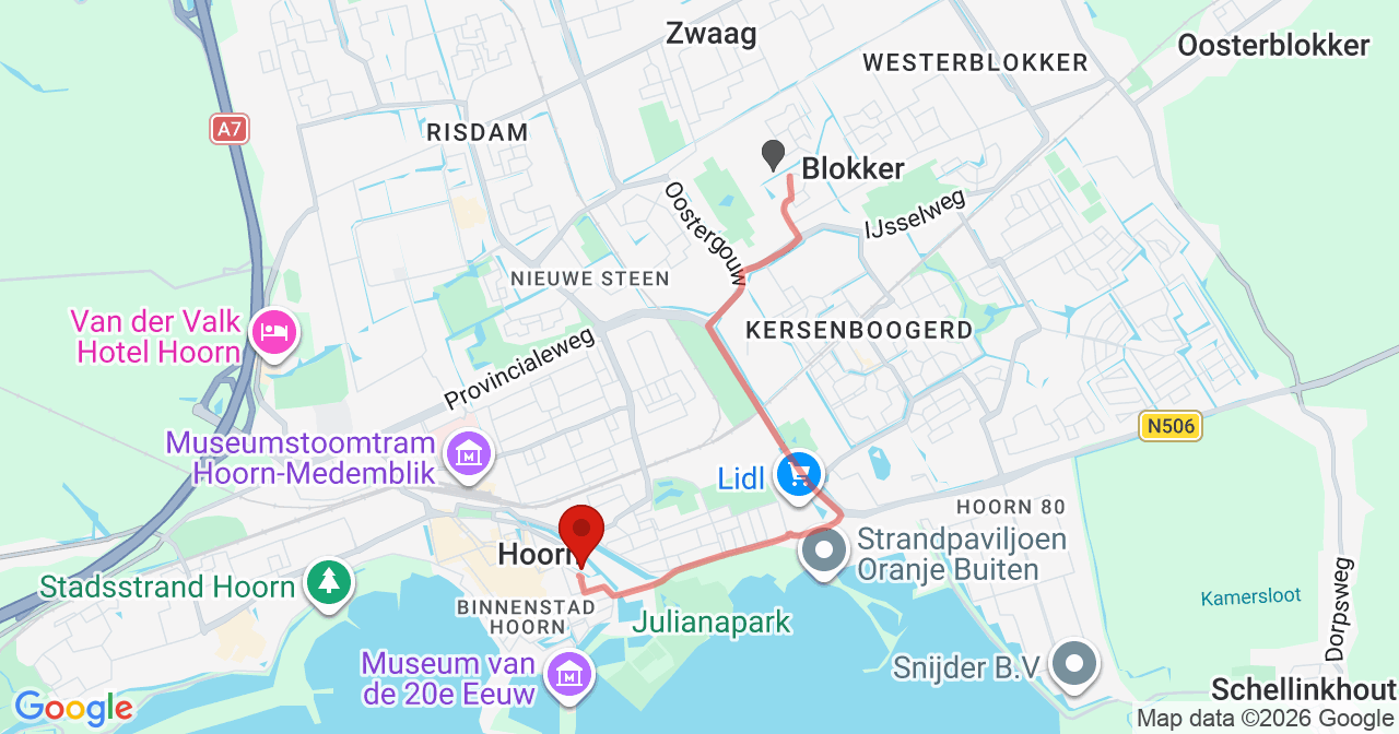 Kaart van het incident in Hoorn NH met de aanrijroutes van de gealarmeerde eenheden