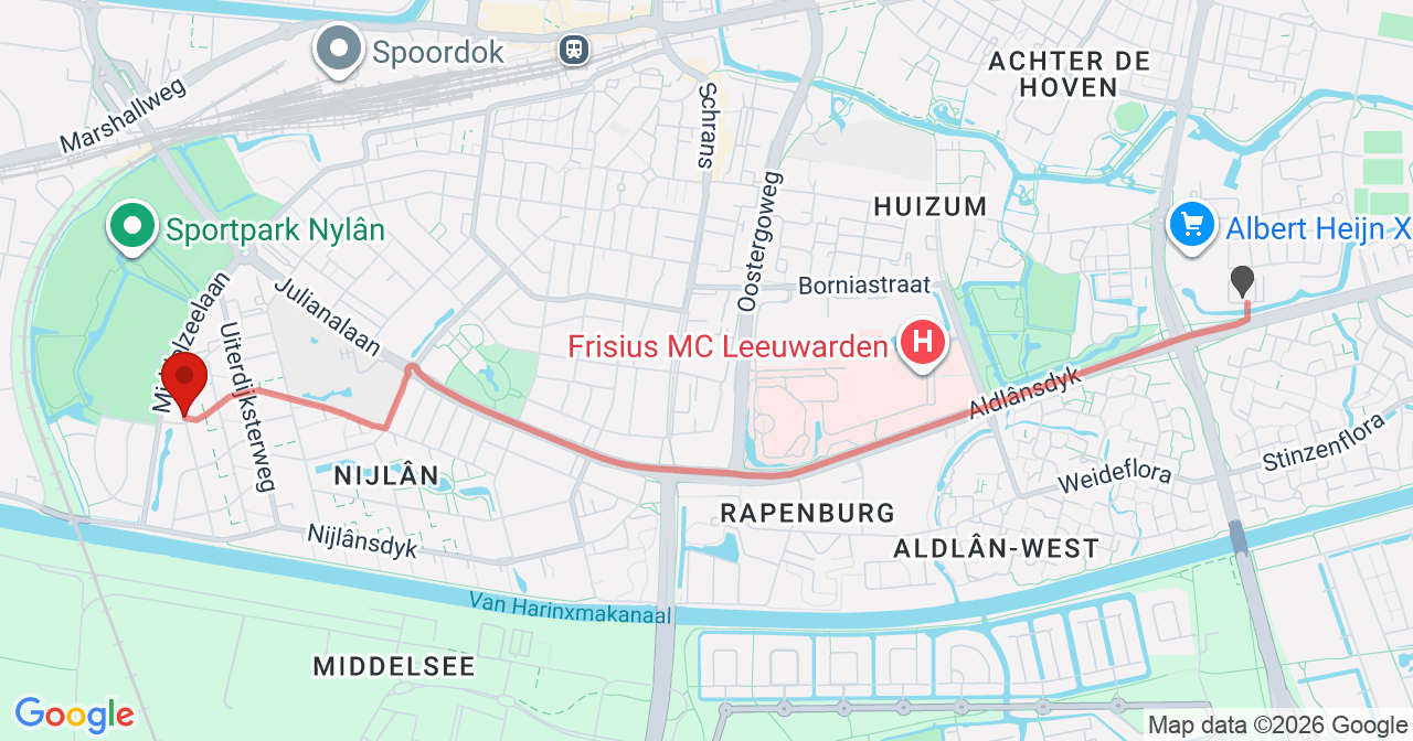 Kaart van het incident in Leeuwarden met de aanrijroutes van de gealarmeerde eenheden