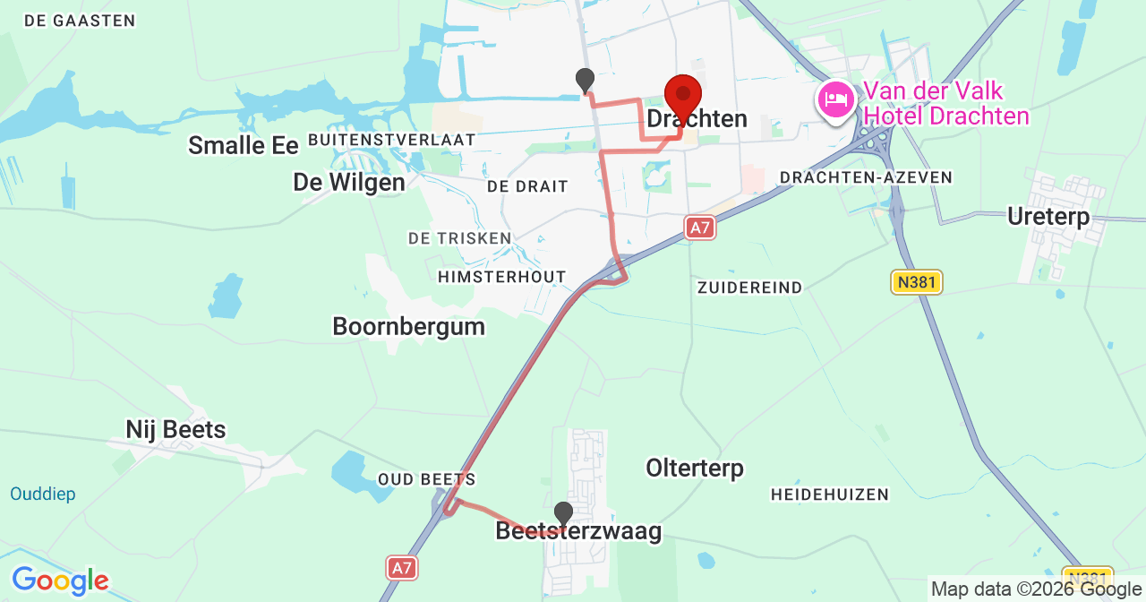 Kaart van het incident in Drachten met de aanrijroutes van de gealarmeerde eenheden