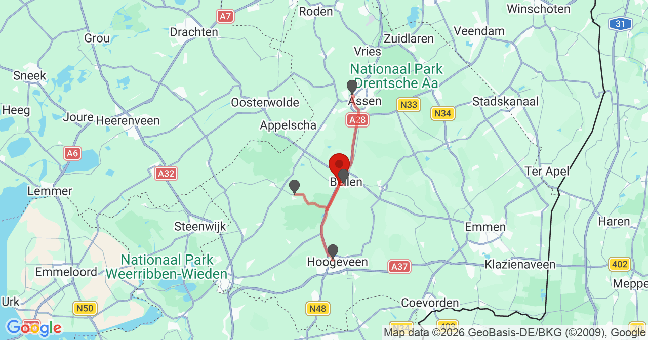 Kaart van het incident in Beilen met de aanrijroutes van de gealarmeerde eenheden