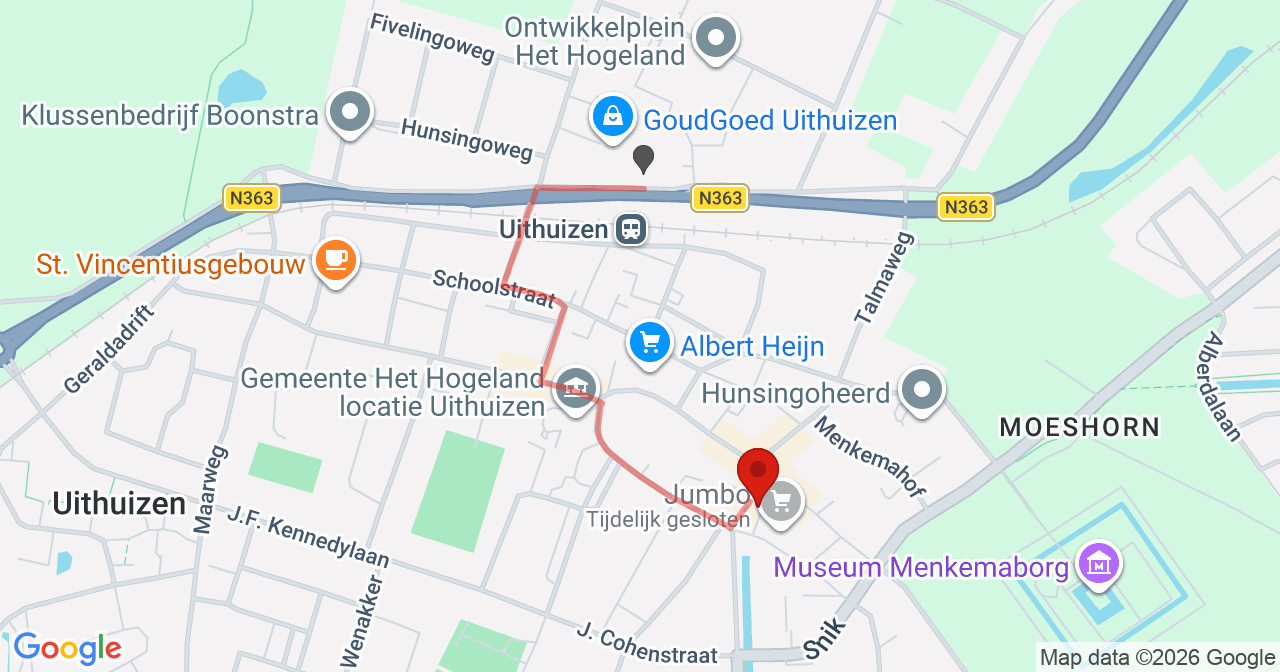 Kaart van het incident in Uithuizen met de aanrijroutes van de gealarmeerde eenheden