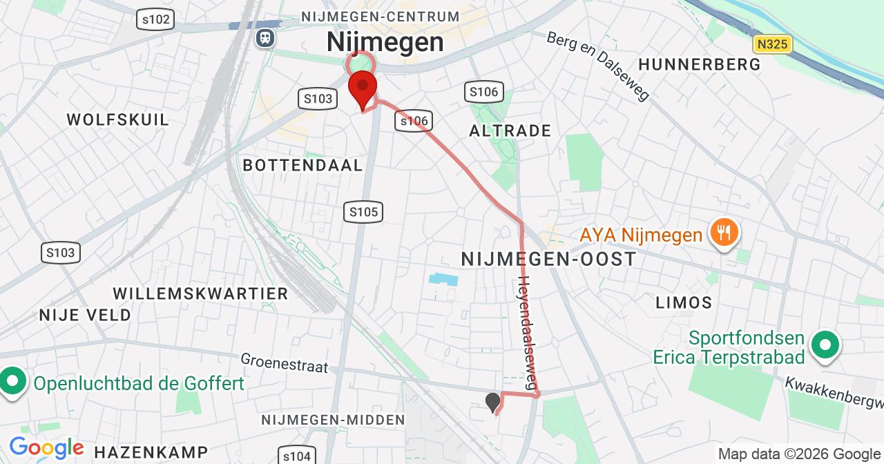 Kaart van het incident in Nijmegen met de aanrijroutes van de gealarmeerde eenheden
