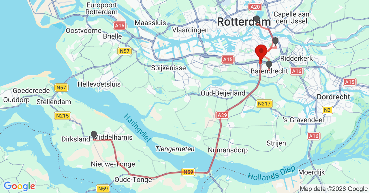 Kaart van het incident in Barendrecht met de aanrijroutes van de gealarmeerde eenheden