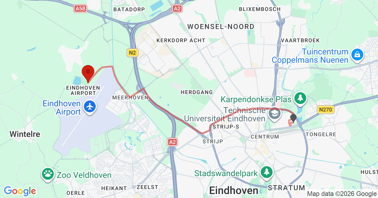 Kaart van het incident in Eindhoven met de aanrijroutes van de gealarmeerde eenheden