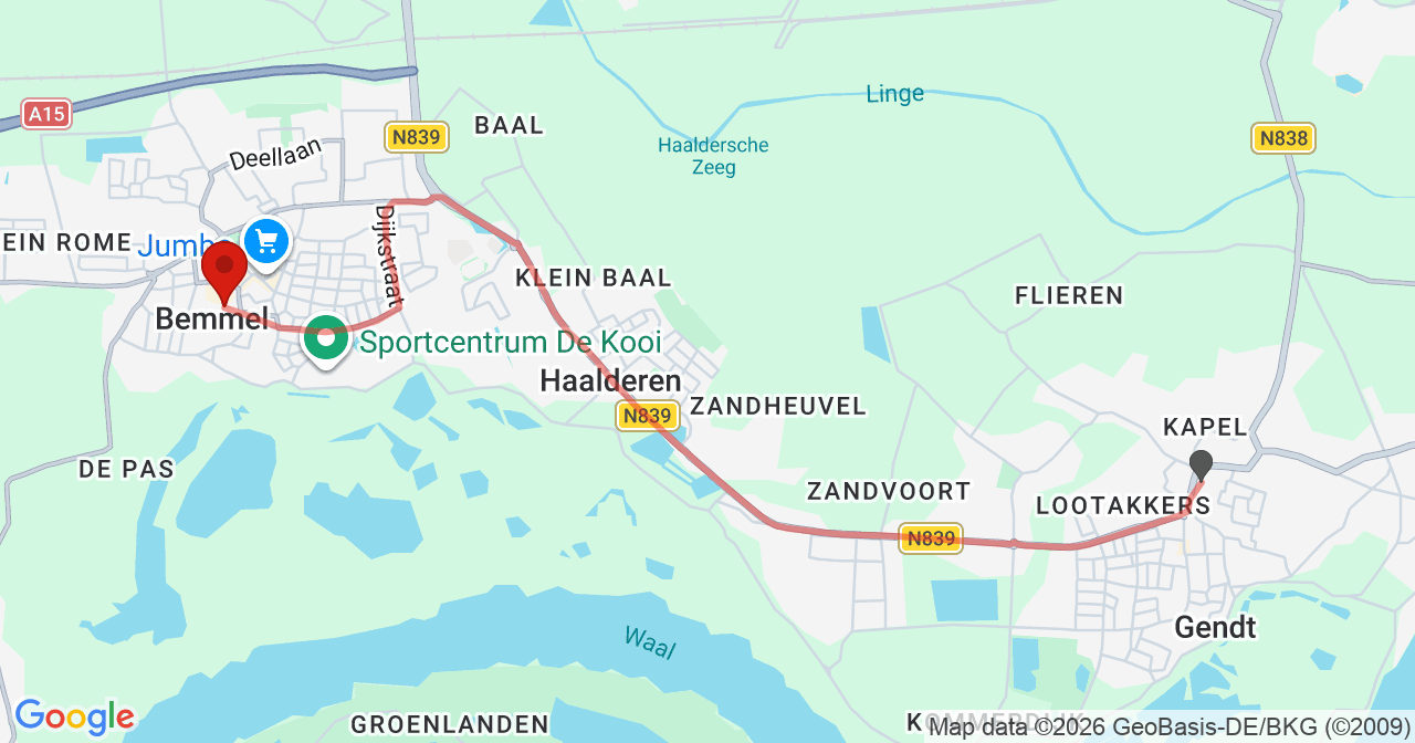 Kaart van het incident in Bemmel met de aanrijroutes van de gealarmeerde eenheden