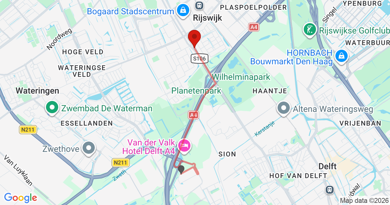 Kaart van het incident in Rijswijk met de aanrijroutes van de gealarmeerde eenheden