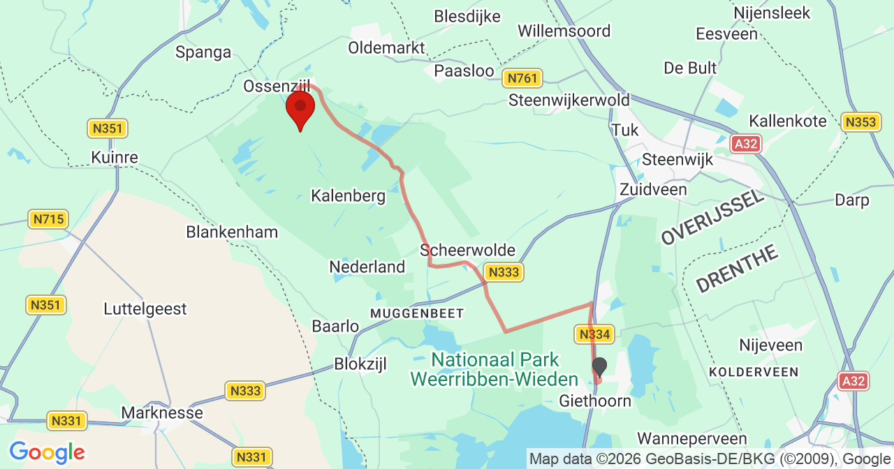 Kaart van het incident in Ossenzijl met de aanrijroutes van de gealarmeerde eenheden