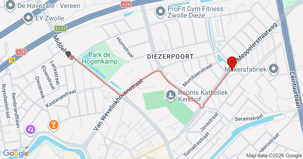 Kaart van het incident in Zwolle met de aanrijroutes van de gealarmeerde eenheden