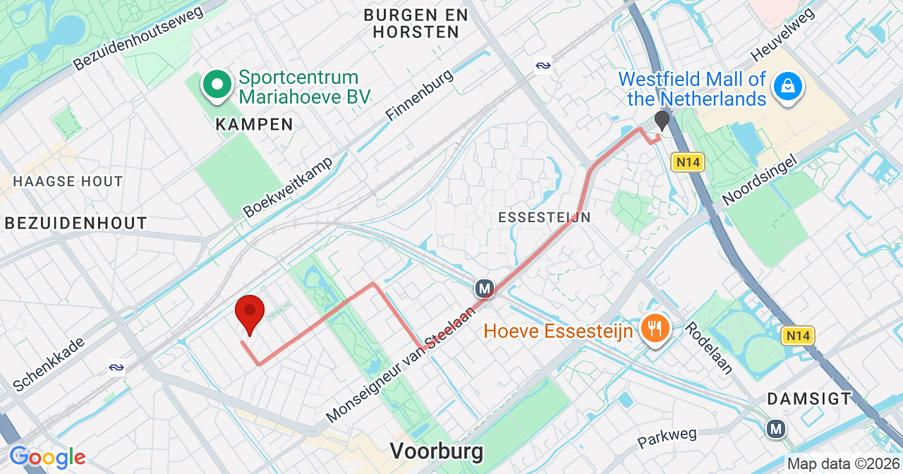 Kaart van het incident in Voorburg met de aanrijroutes van de gealarmeerde eenheden