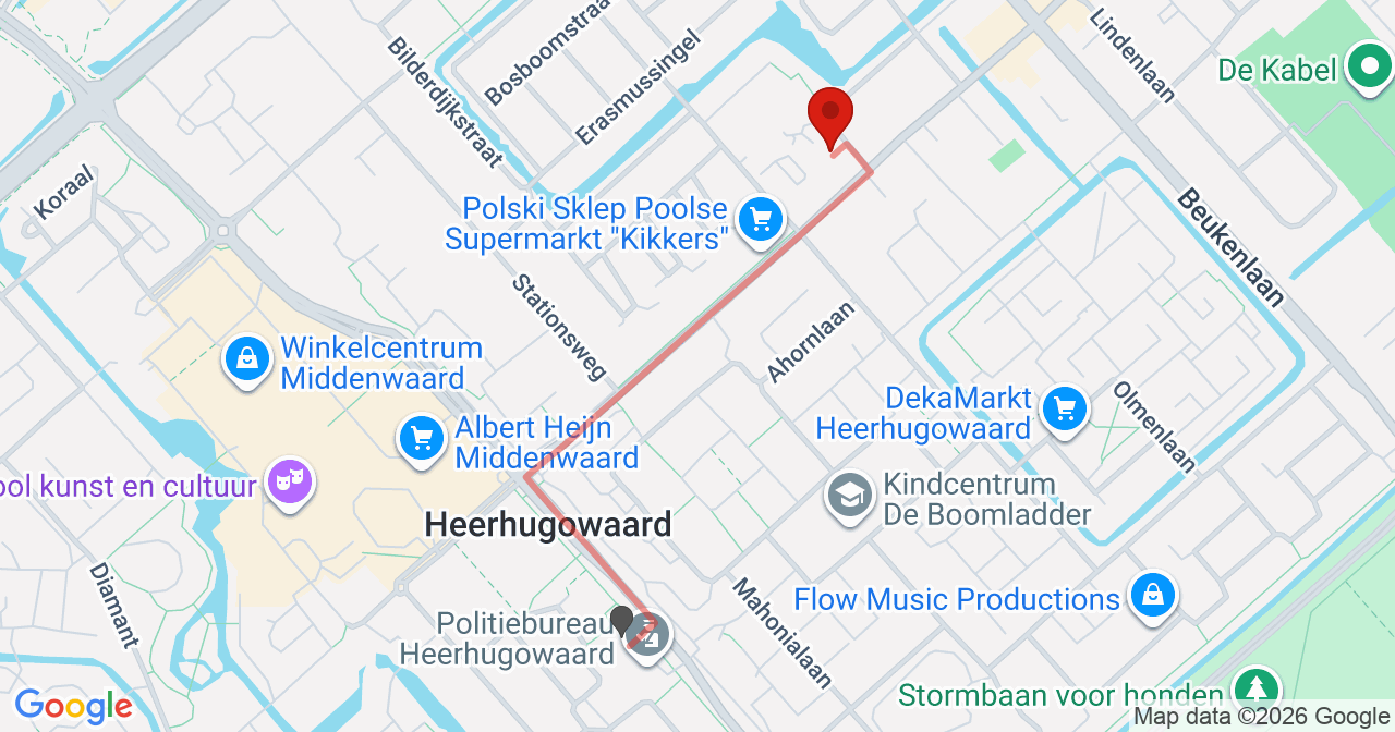 Kaart van het incident in Heerhugowaard met de aanrijroutes van de gealarmeerde eenheden