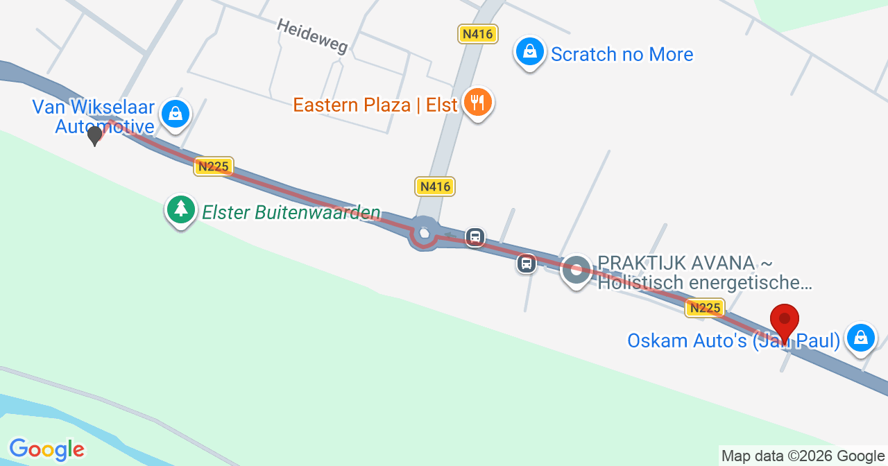 Kaart van het incident in Elst Ut met de aanrijroutes van de gealarmeerde eenheden