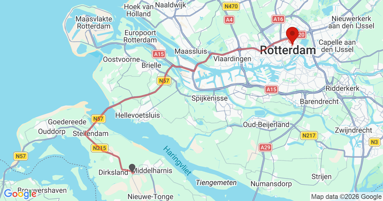 Kaart van het incident in Rotterdam met de aanrijroutes van de gealarmeerde eenheden