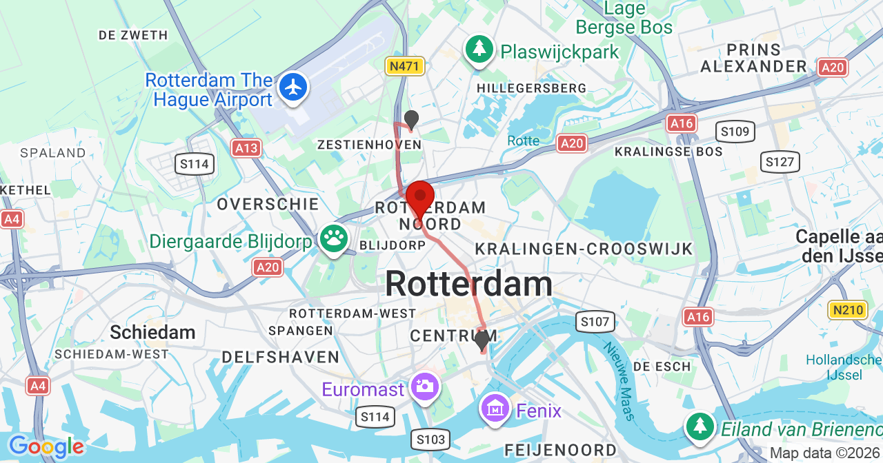 Kaart van het incident in Rotterdam met de aanrijroutes van de gealarmeerde eenheden