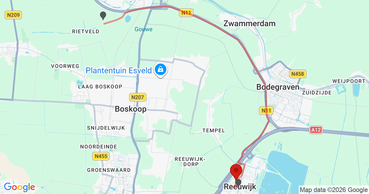 Kaart van het incident in Reeuwijk met de aanrijroutes van de gealarmeerde eenheden