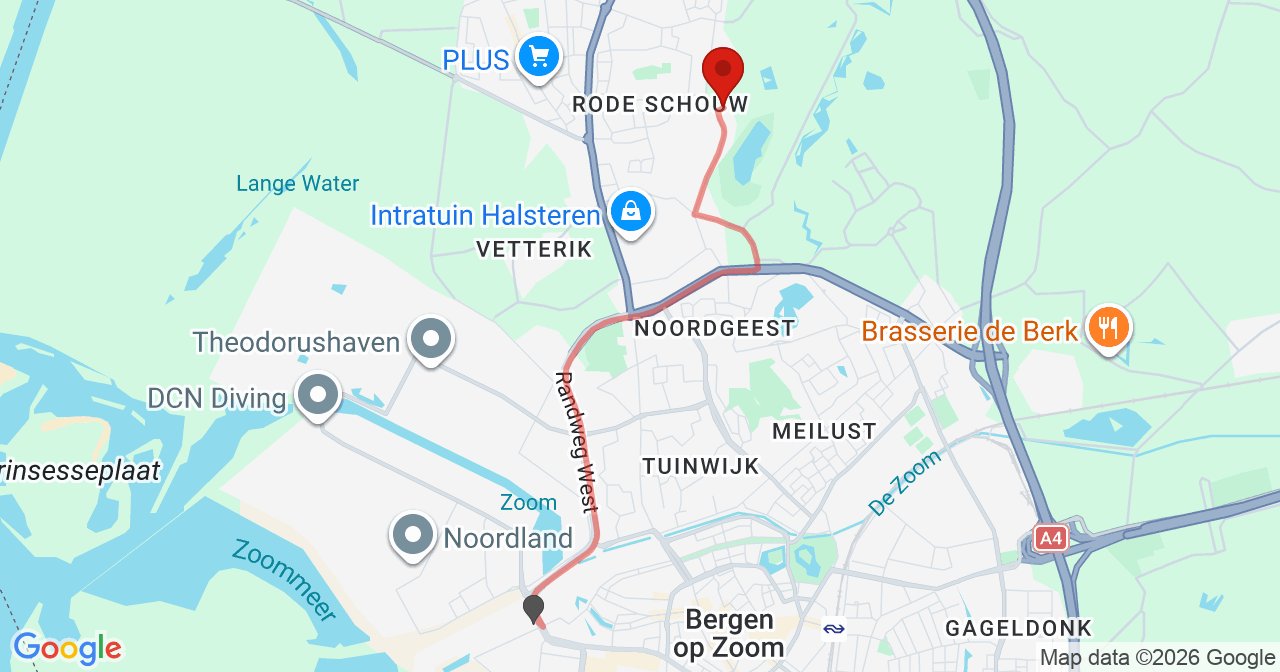 Kaart van het incident in Halsteren met de aanrijroutes van de gealarmeerde eenheden