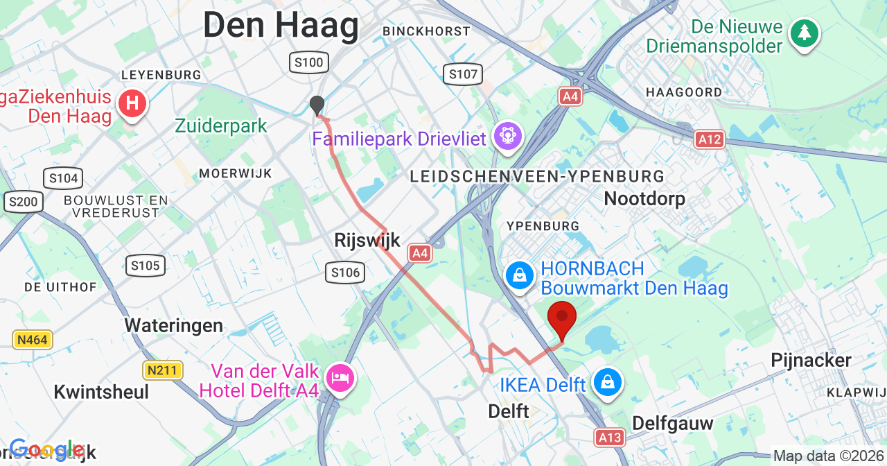 Kaart van het incident in Delft met de aanrijroutes van de gealarmeerde eenheden