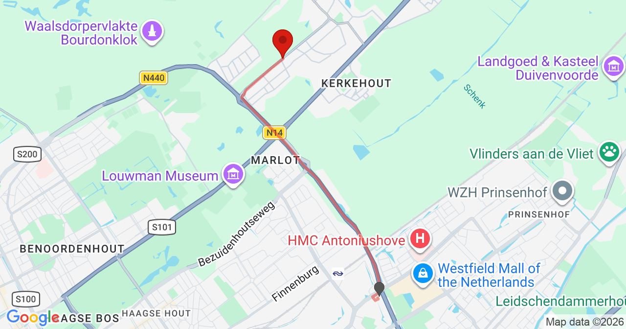 Kaart van het incident in Wassenaar met de aanrijroutes van de gealarmeerde eenheden
