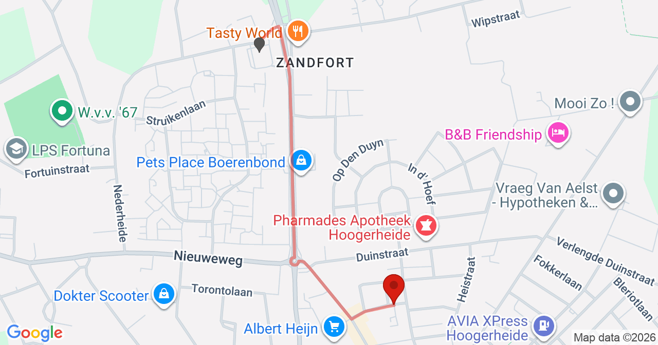 Kaart van het incident in Hoogerheide met de aanrijroutes van de gealarmeerde eenheden