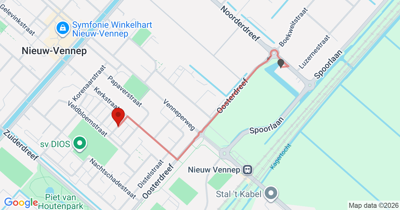 Kaart van het incident in Nieuw-Vennep met de aanrijroutes van de gealarmeerde eenheden