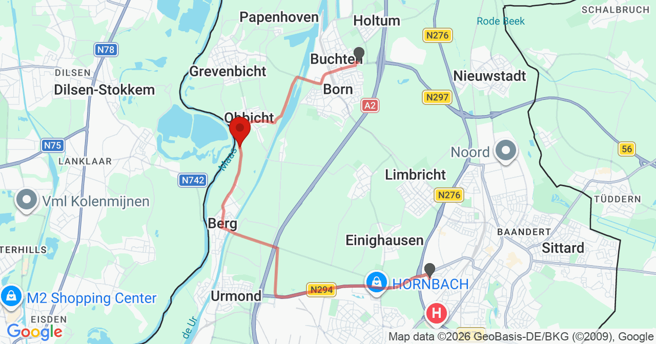 Kaart van het incident in Obbicht met de aanrijroutes van de gealarmeerde eenheden