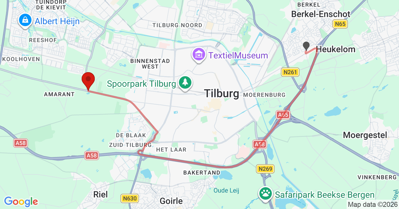 Kaart van het incident in Tilburg met de aanrijroutes van de gealarmeerde eenheden