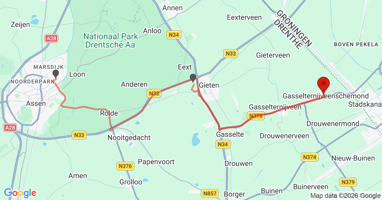 Kaart van het incident in Gasselternijveenschemond met de aanrijroutes van de gealarmeerde eenheden