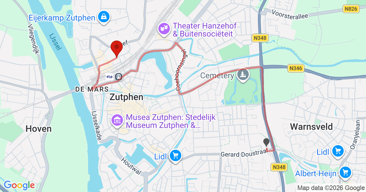 Kaart van het incident in Zutphen met de aanrijroutes van de gealarmeerde eenheden