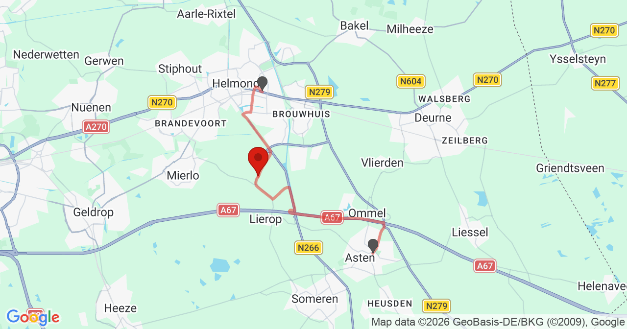 Kaart van het incident in Lierop met de aanrijroutes van de gealarmeerde eenheden