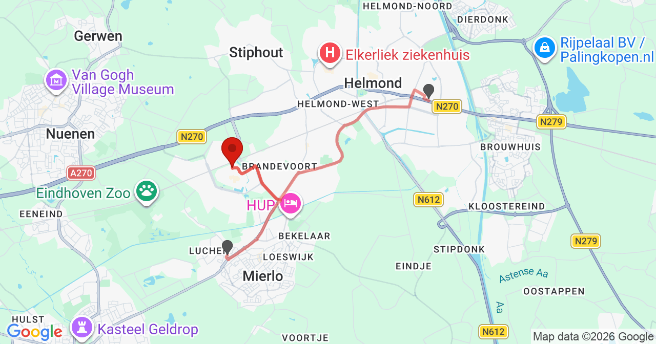 Kaart van het incident in Helmond met de aanrijroutes van de gealarmeerde eenheden