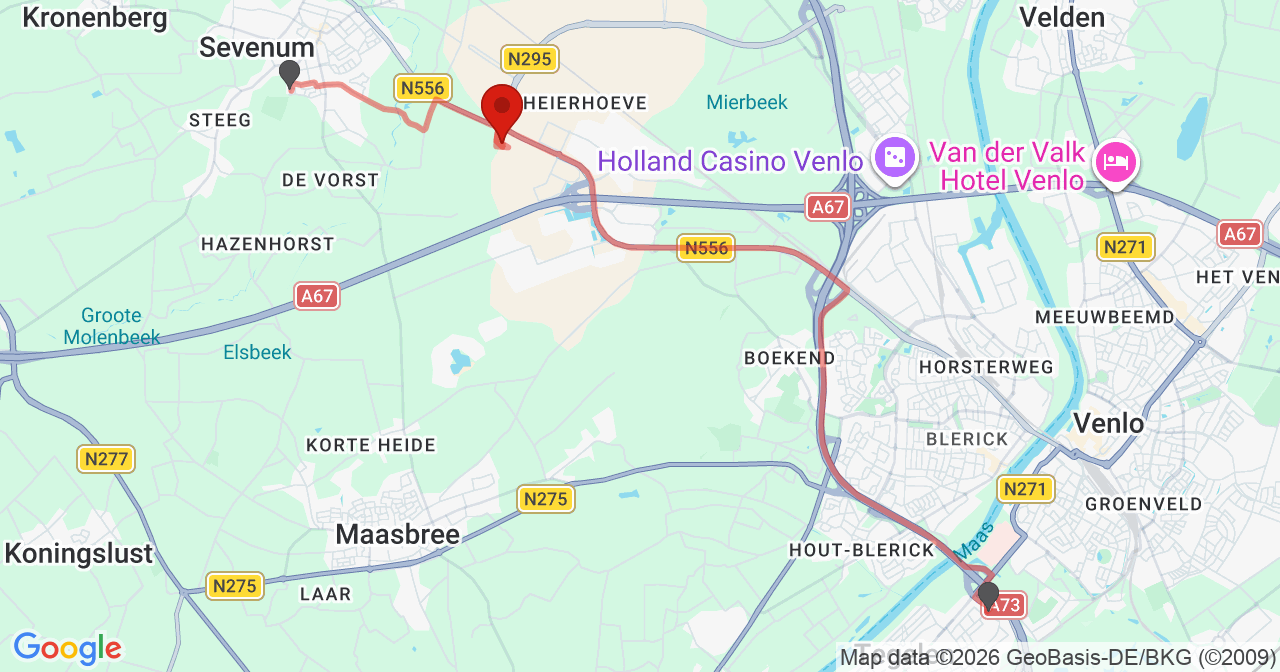 Kaart van het incident in Sevenum met de aanrijroutes van de gealarmeerde eenheden